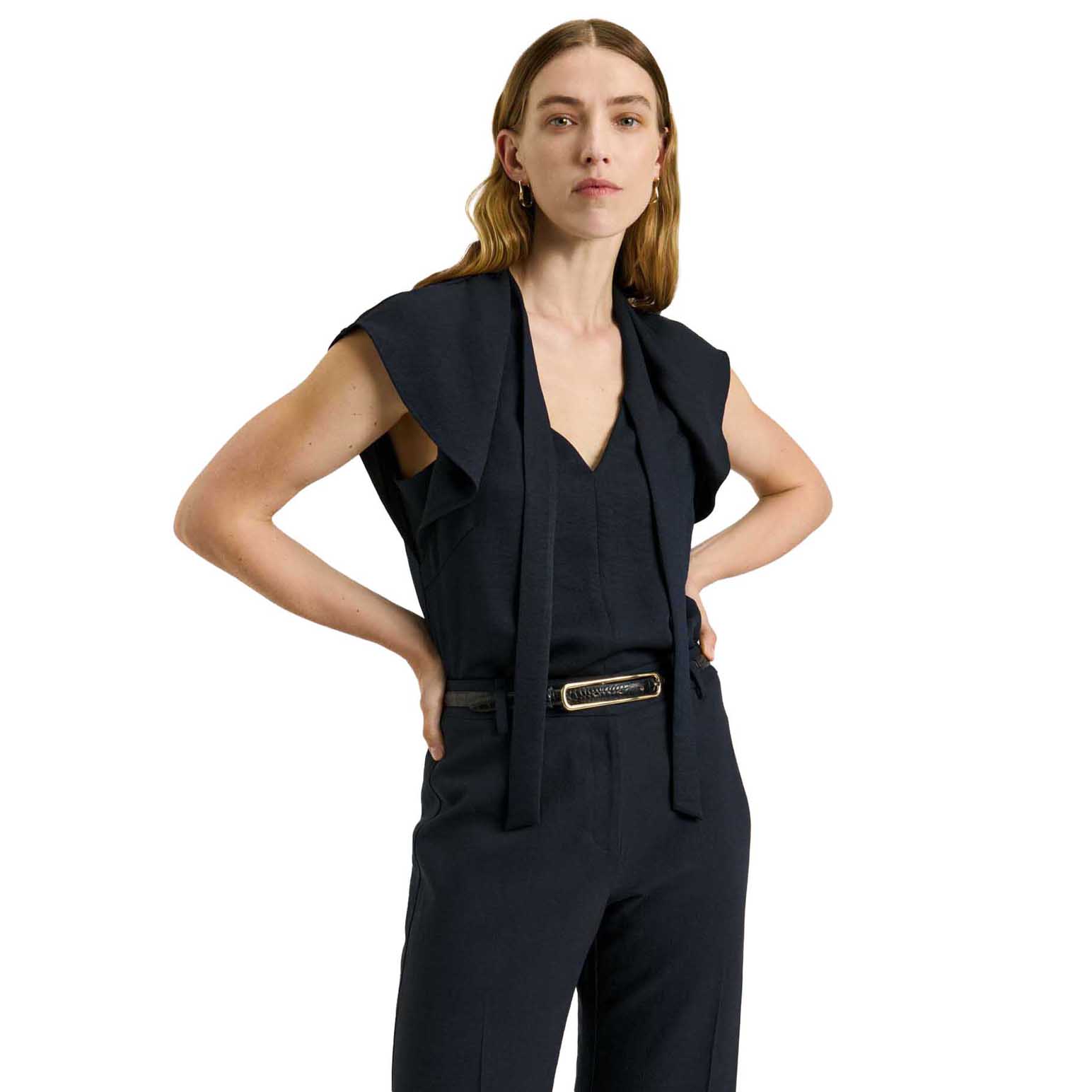 Veronika Maine Textured Twill Draped Neck Top